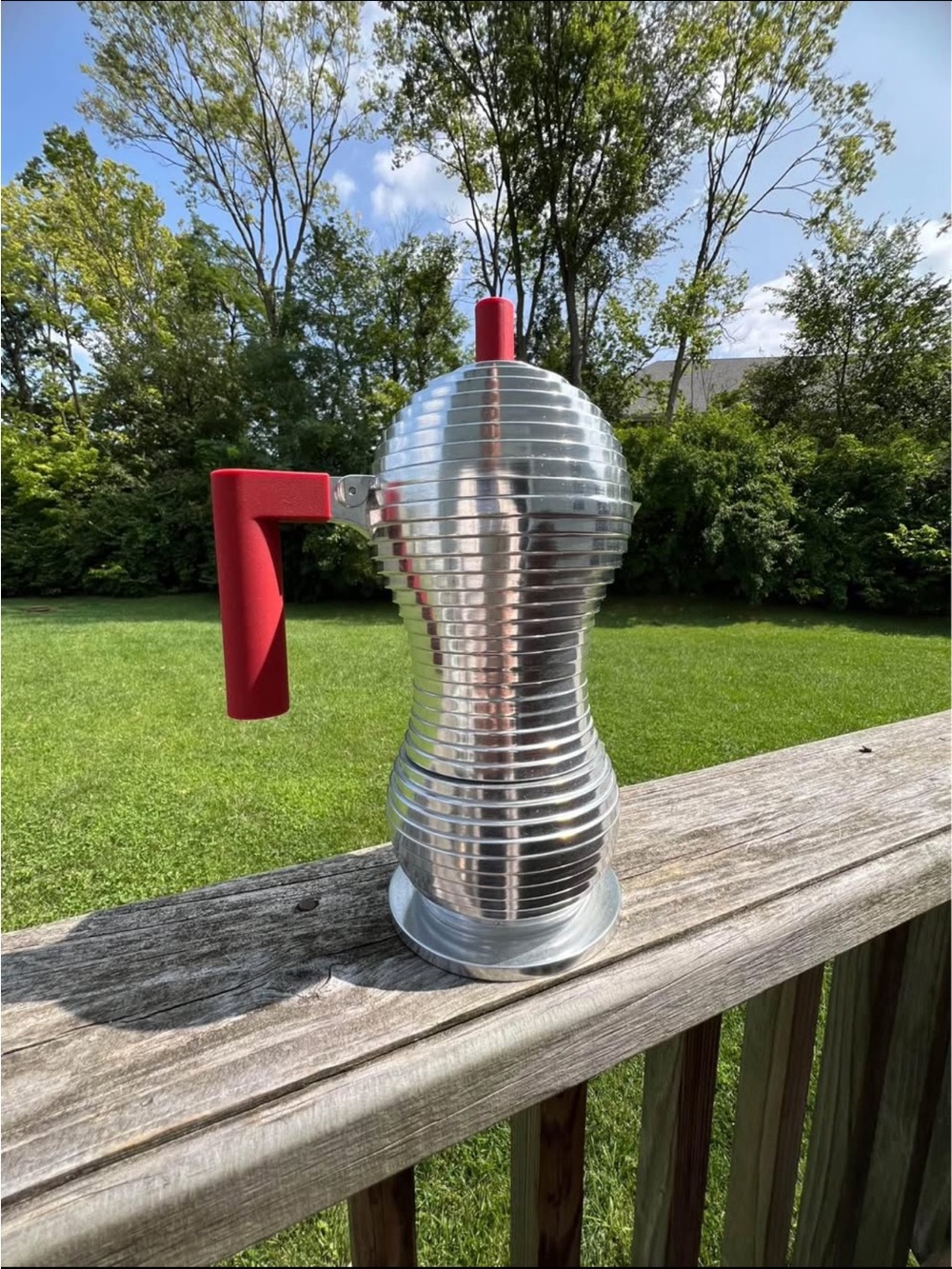 Alessi Silver Ridged Espresso Maker with Red Handle